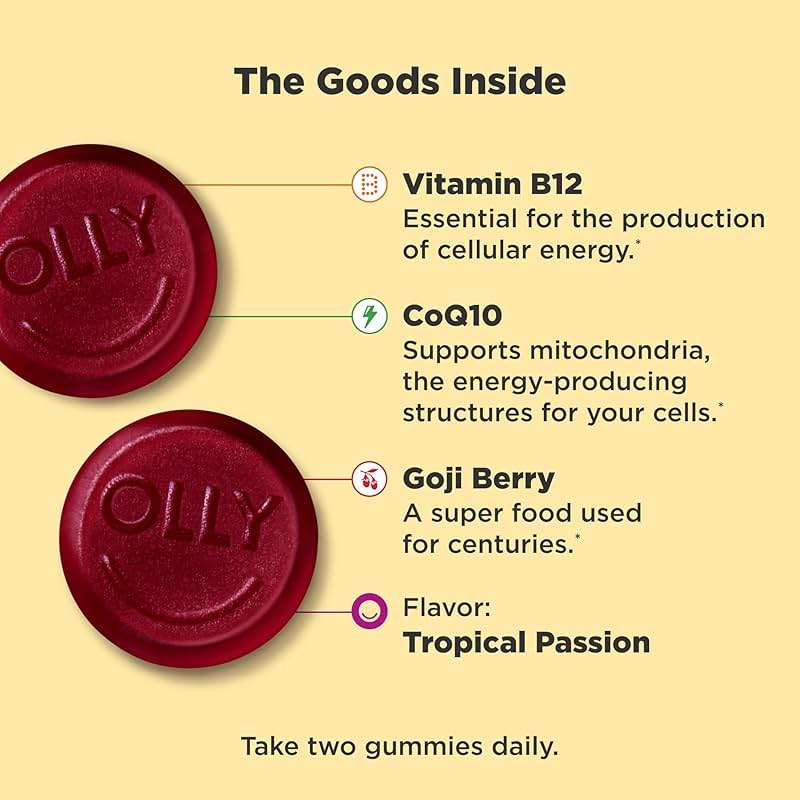 OLLY Daily Energy Gummy, Caffeine Free, Vitamin B12, CoQ10, Goji Berry, Adult Chewable Supplement, Tropical Flavor - 60 Count - Image 3