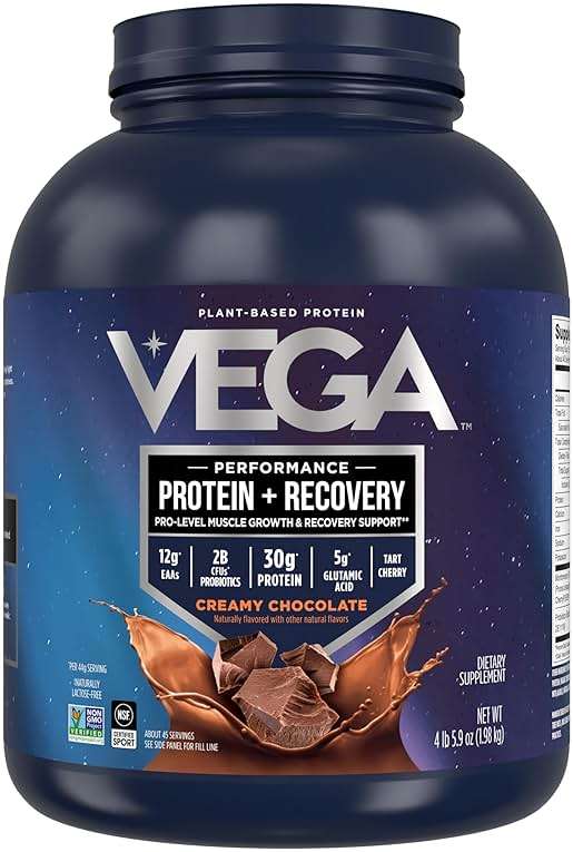 Vega Sport Vegan Protein Powder + Recovery - 30g Plant Based Protein per Serving, Chocolate, 45 Servings, 5g BCAAs, Probiotics, NSF Certified, For Shakes & Smoothies, 4.4lbs (Packaging May Vary) - Image 1