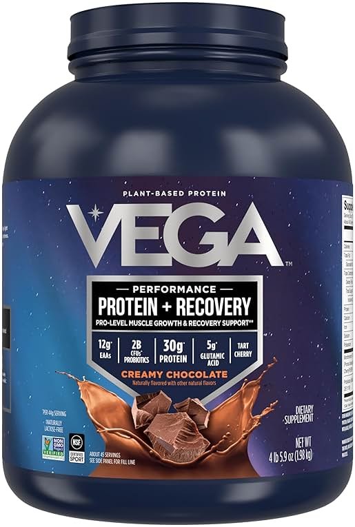 Vega Sport Vegan Protein Powder + Recovery - 30g Plant Based Protein per Serving, Chocolate, 45 Servings, 5g BCAAs, Probiotics, NSF Certified, For Shakes & Smoothies, 4.4lbs (Packaging May Vary) - Product Image