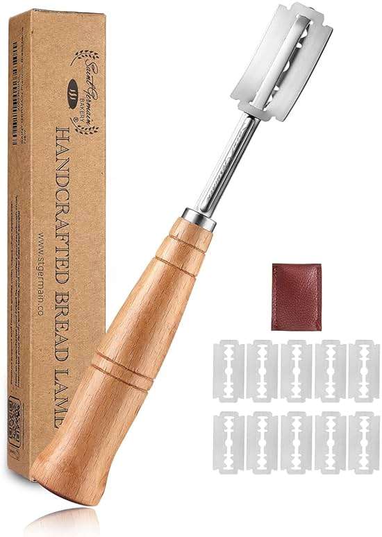 "SAINT GERMAIN Premium Hand Crafted Bread Lame for Dough Scoring Knife, Lame Bread Tool for Sourdough Bread Slashing with 10 Blades Included with Replacement with Authentic Leather Protector Cover" - Image 1