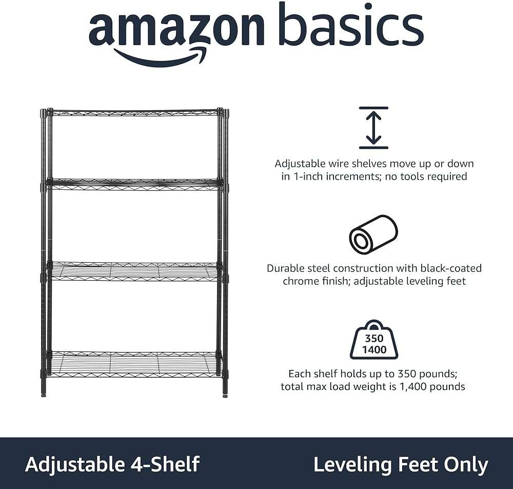 Amazon Basics 4-Shelf Adjustable Heavy Duty Steel Wire Rack Storage Shelving, Sturdy Garage Shelving, 350 lbs Capacity Per Shelf, Easy No-Tool Assembly, 36" x 14" x 54", Black - Image 4