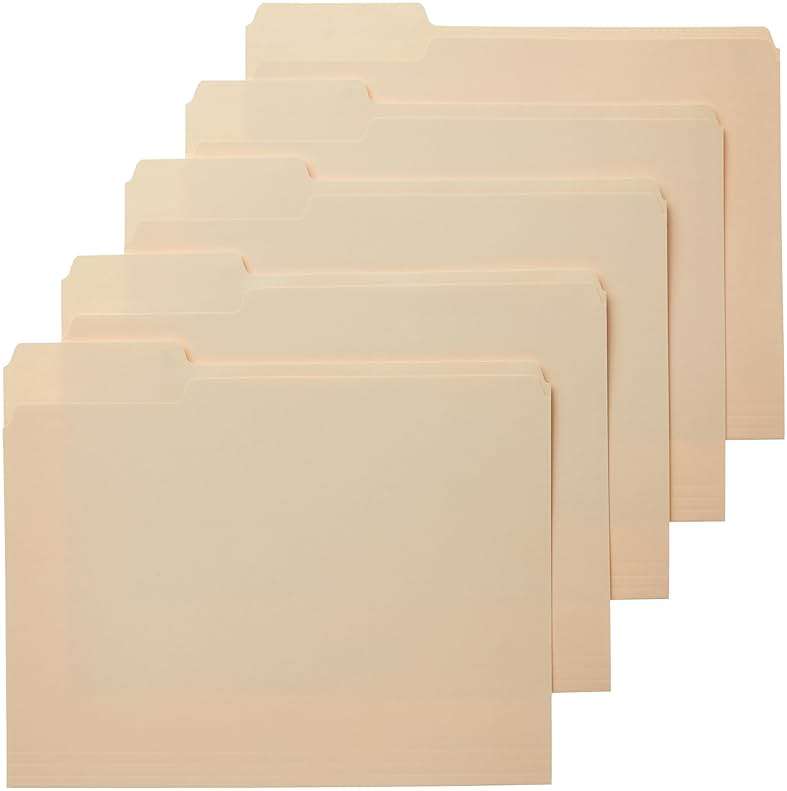 Amazon Basics Sturdy File Folders with Reinforced Tabs for Filing and Organization, 1/3-Cut Tab, Assorted Positions, Letter Size, 8.5x11 inches, Manila, 100-Pack - Image 1