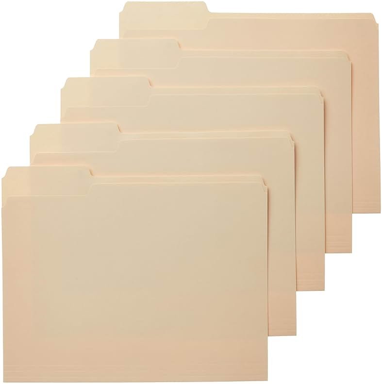 Amazon Basics Sturdy File Folders with Reinforced Tabs for Filing and Organization, 1/3-Cut Tab, Assorted Positions, Letter Size, 8.5x11 inches, Manila, 100-Pack - Product Image