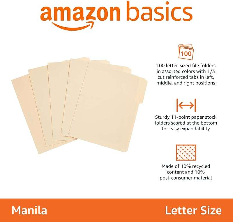 Amazon Basics Sturdy File Folders with Reinforced Tabs for Filing and Organization, 1/3-Cut Tab, Assorted Positions, Letter Size, 8.5x11 inches, Manila, 100-Pack - Image 3