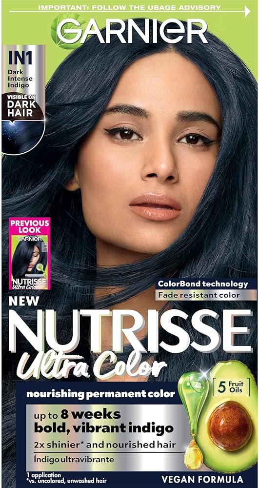 Garnier Nutrisse Ultra Color Hair Color, Permanent Hair Dye for Up to 8 Weeks of Bold, Vibrant, Fade-Resistant Results, Vegan & Cruelty-Free, IN1 Dark Intense Indigo (Midnight Iris), 1 Count - Product Image