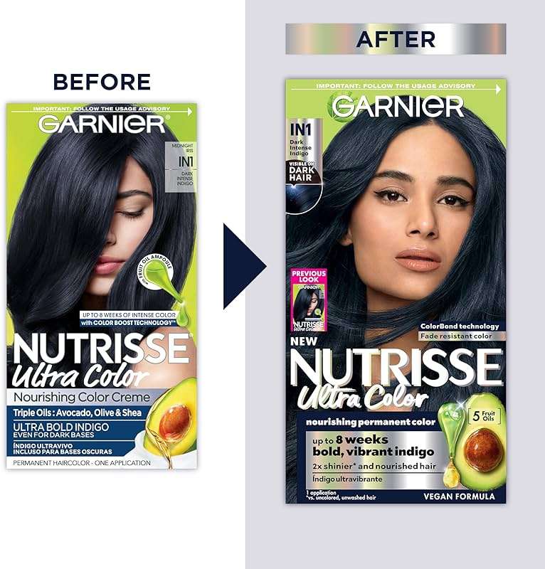 Garnier Nutrisse Ultra Color Hair Color, Permanent Hair Dye for Up to 8 Weeks of Bold, Vibrant, Fade-Resistant Results, Vegan & Cruelty-Free, IN1 Dark Intense Indigo (Midnight Iris), 1 Count - Image 2