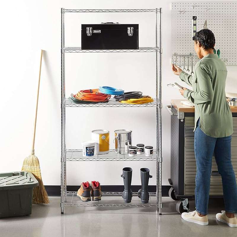 Amazon Basics 5-Shelf Adjustable Heavy Duty Steel Wire Rack, Space Saving Storage Shelving Organizer for Kitchen, Garage, No-Tool Assembly, 350 lbs Weight Capacity, 36" x 14" x 72", Chrome - Image 8