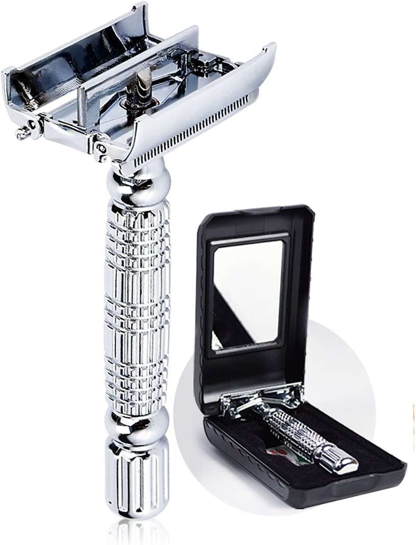 BAILI Butterfly Open TTO Double Edge Metal Safety Razor Wet Shaving Kit for Men Women with Platinum Blade and Mirrored Travel Case BD179 - Image 1