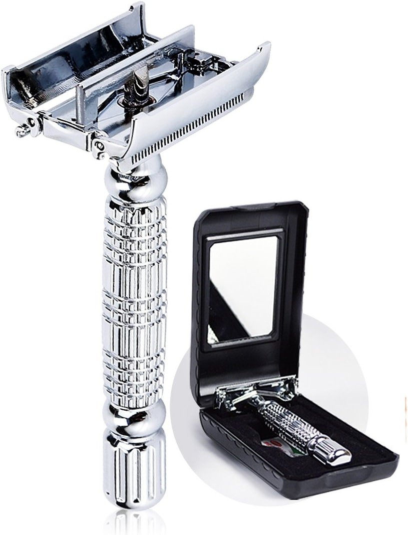 BAILI Butterfly Open TTO Double Edge Metal Safety Razor Wet Shaving Kit for Men Women with Platinum Blade and Mirrored Travel Case BD179 - Product Image