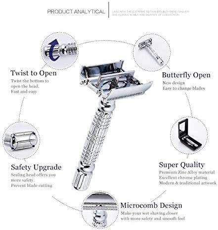 BAILI Butterfly Open TTO Double Edge Metal Safety Razor Wet Shaving Kit for Men Women with Platinum Blade and Mirrored Travel Case BD179 - Image 6