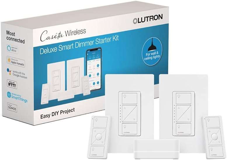 Lutron Caseta Deluxe Smart Dimmer Switch Kit, 2 Dimmer Switches, 2 Wall Plates, 2 Pico Remotes, and Smart Hub, No Neutral Required, Works with Alexa, Apple Home, Ring, & Google Home, P-BDG-PKG2W-A - Image 1