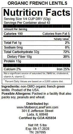 French Green Lentils 5 Pounds Petite, USDA Certified Organic, Non-GMO Bulk, Product of USA, Mulberry Lane Farms - Image 2