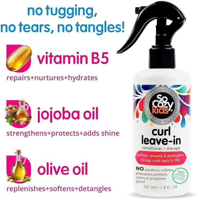 So Cozy Leave In Conditioner Spray (8 Fl Oz) Paraben-Free Detangler for Kids' Curly Hair, Deep Conditioner & Tangle-Free Curls, Gentle & Nourishing with Keratin, Vitamin B5, Olive Oil & Jojoba Oil - Image 3