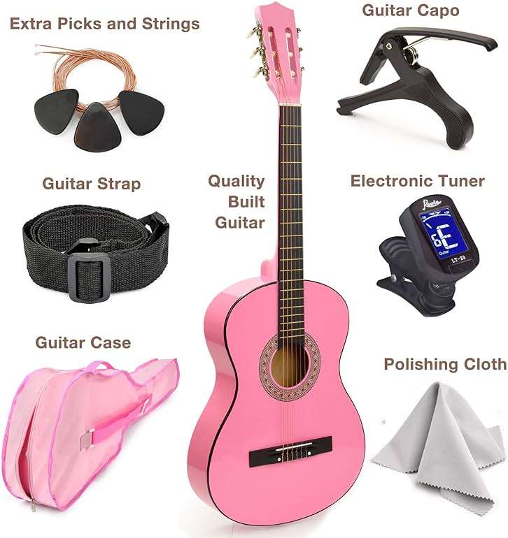 MasterPlay Kids Guitar, 30” Beginner Classical Wood Guitar For Learners, With starter kit, Bag, Strap, Tuner, Pick, Extra String, Cleaning cloth, Christmas, Birthday Gift for Girls Ages 5-12, Pink - Image 2