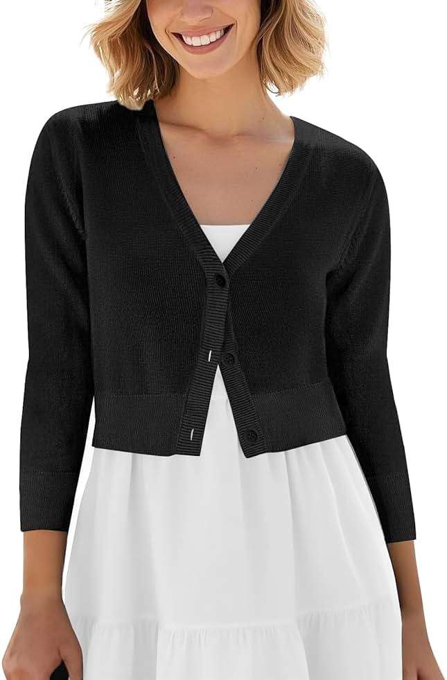 Urban CoCo Women's Cropped Cardigan V-Neck Button Down Knitted Sweater 3/4 Sleeve - Image 1