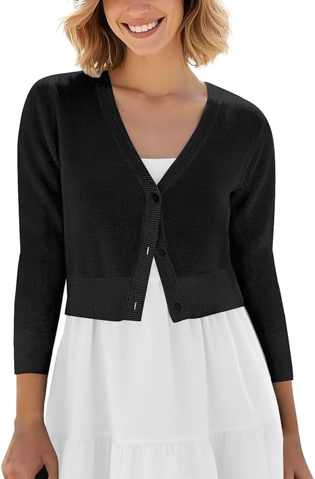 Urban CoCo Women's Cropped Cardigan V-Neck Button Down Knitted Sweater 3/4 Sleeve - Product Image
