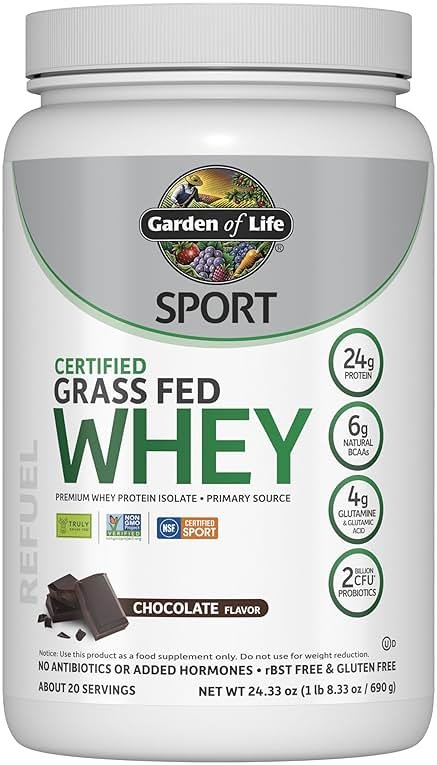 Garden of Life Sport Whey Protein Powder Chocolate, Premium Grass Fed Whey Protein Isolate Plus Probiotics for Immune System Health, 24g Protein, Non GMO, Gluten Free, Cold Processed - 20 Servings - Product Image