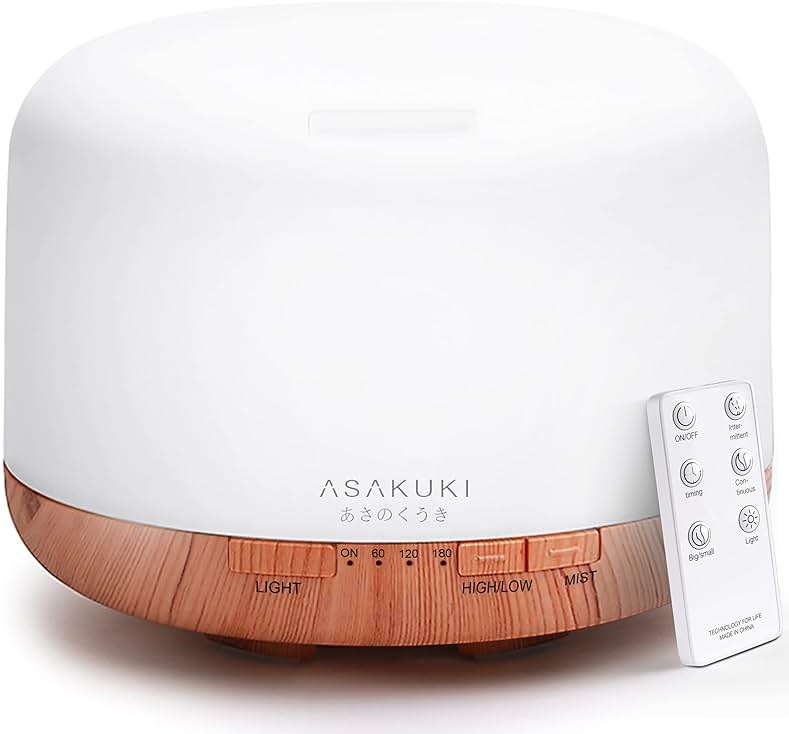 ASAKUKI Essential Oil Diffuser for Home, 500ML Aromatherapy Diffuser Humidifier with Remote Control, 7 Color LED Lights, Quiet Cool Mist Diffuser for Bedroom, Office (Yellow) - Image 1