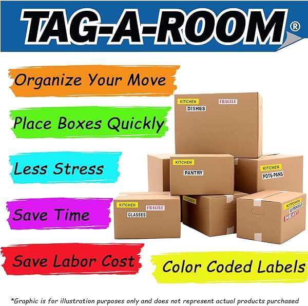 Tag-A-Room Moving Box Labels – 800 Color Coded Labels for Moving Boxes, Room ID Packing Stickers + 100 Fragile Box Stickers, Home & Apartment Moving Organization Supplies (4 Bedroom Pack) - Image 4