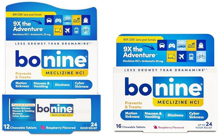 Bonine Non-Drowsy Motion Sickness Relief - Chewable Tablets with Meclizine HCL 25mg - Non Drowsy Medicine for Nausea or Motion Sickness - Cruise Essentials - Raspberry Flavor, 28 Chewable Tablets - Product Image