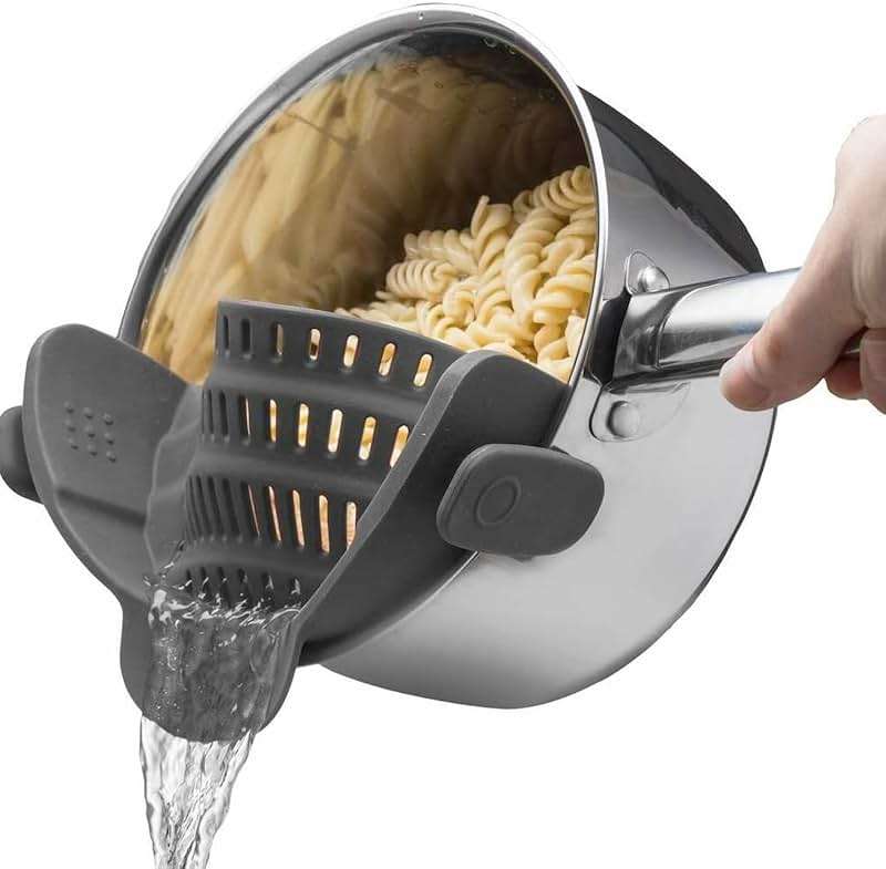 Kitchen Gizmo Snap N' Strain - Silicone Pasta Strainer Clip-On for Pots and Pans - Heat Resistant Colander for Vegetables and Noodles - Kitchen Gadgets for Cooking - Space-Saving Design - Gray - Image 1