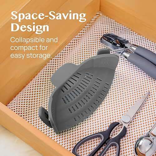 Kitchen Gizmo Snap N' Strain - Silicone Pasta Strainer Clip-On for Pots and Pans - Heat Resistant Colander for Vegetables and Noodles - Kitchen Gadgets for Cooking - Space-Saving Design - Gray - Image 5