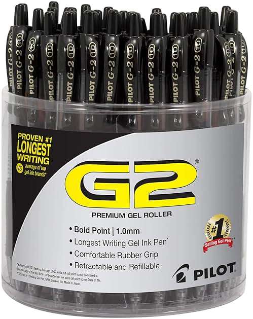 Pilot G2 Premium Gel Pens, Black Pens, Bold Point 1 mm, Black Ink, Tub of 48 - Image 1