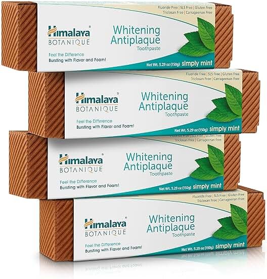 Himalaya Botanique Whitening Complete Care Toothpaste, Teeth Whitening, Fights Plaque, Fluoride Free, No Artificial Flavors, SLS Free, Cruelty Free, Foaming, Simply Mint Flavor, 5.29 Oz, 4 Pack - Product Image