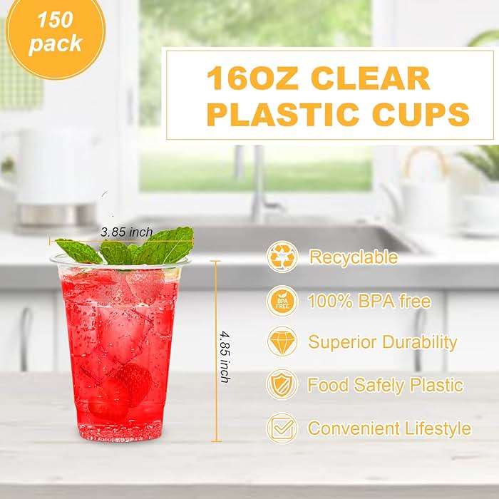 TashiBox [16oz - 150 Cups Clear Plastic Cups, disposable plastic cups for tea,smoothies Sodas and Mixed Drinks - Image 3