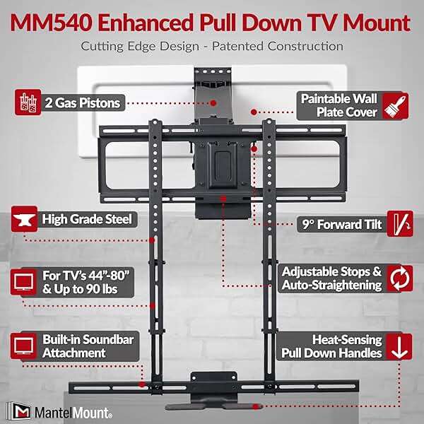 MantelMount MM540 - Above Fireplace Pull Down TV Mount for 44" to 80" Screen TVs to 90 lbs, with Patented auto-straightening, Adjustable Stops, Heat Sensor Handles & Paintable Covers - Image 3