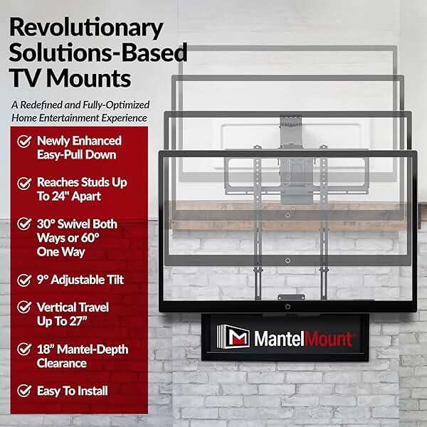 MantelMount MM540 - Above Fireplace Pull Down TV Mount for 44" to 80" Screen TVs to 90 lbs, with Patented auto-straightening, Adjustable Stops, Heat Sensor Handles & Paintable Covers - Image 4