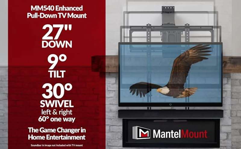 MantelMount MM540 - Above Fireplace Pull Down TV Mount for 44" to 80" Screen TVs to 90 lbs, with Patented auto-straightening, Adjustable Stops, Heat Sensor Handles & Paintable Covers - Image 8