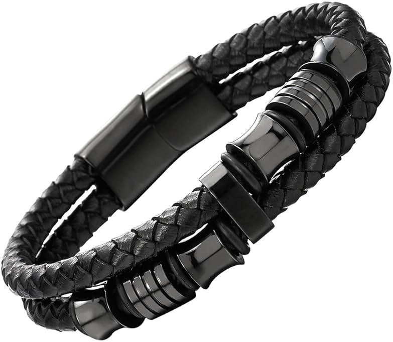 COOLSTEELANDBEYOND Mens Double-Row Braided Leather Bracelet Bangle Wristband with Black Stainless Steel Ornaments - Product Image