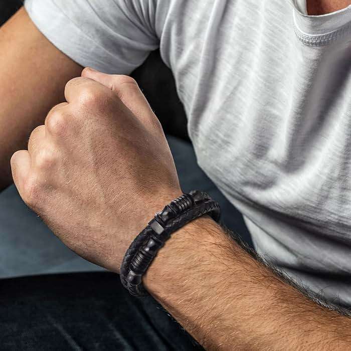 COOLSTEELANDBEYOND Mens Double-Row Braided Leather Bracelet Bangle Wristband with Black Stainless Steel Ornaments - Image 2