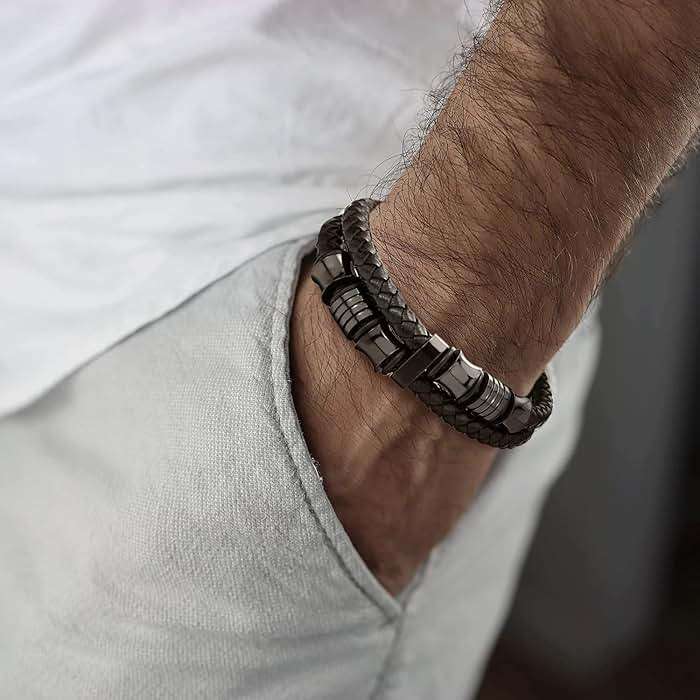COOLSTEELANDBEYOND Mens Double-Row Braided Leather Bracelet Bangle Wristband with Black Stainless Steel Ornaments - Image 3