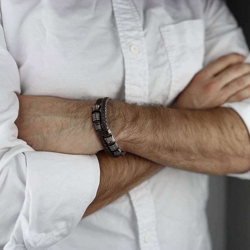 COOLSTEELANDBEYOND Mens Double-Row Braided Leather Bracelet Bangle Wristband with Black Stainless Steel Ornaments - Image 4