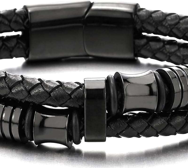 COOLSTEELANDBEYOND Mens Double-Row Braided Leather Bracelet Bangle Wristband with Black Stainless Steel Ornaments - Image 6