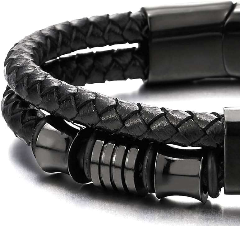 COOLSTEELANDBEYOND Mens Double-Row Braided Leather Bracelet Bangle Wristband with Black Stainless Steel Ornaments - Image 7