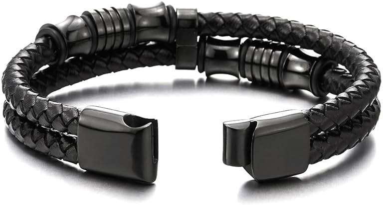 COOLSTEELANDBEYOND Mens Double-Row Braided Leather Bracelet Bangle Wristband with Black Stainless Steel Ornaments - Image 8
