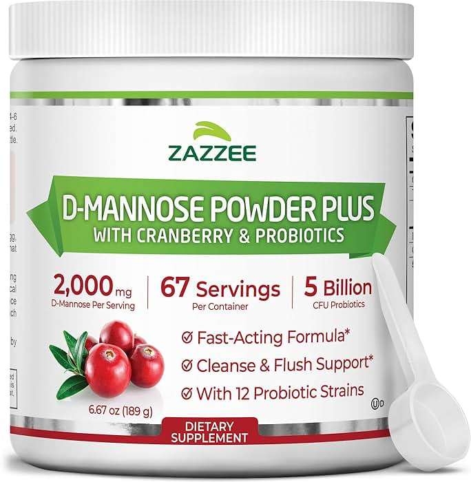 Zazzee D-Mannose Powder Plus, 2000 mg, 67 Servings, Plus 5 Billion CFU Probiotics and Pure Cranberry Juice Extract, Certified Kosher, Free Scoop, 6.67 oz, Urinary Tract Support, Non-GMO, All-Natural - Image 1