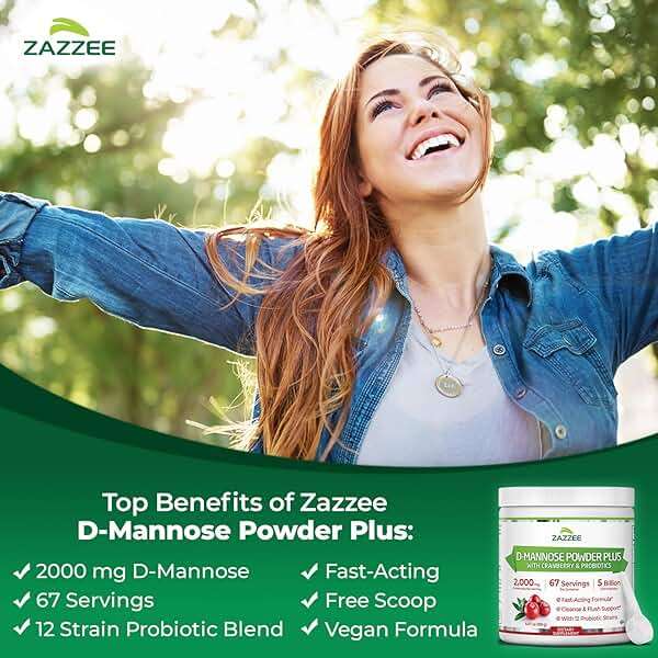 Zazzee D-Mannose Powder Plus, 2000 mg, 67 Servings, Plus 5 Billion CFU Probiotics and Pure Cranberry Juice Extract, Certified Kosher, Free Scoop, 6.67 oz, Urinary Tract Support, Non-GMO, All-Natural - Image 3