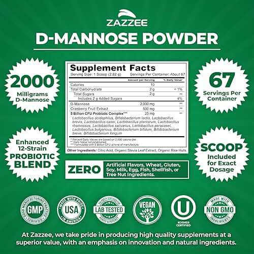 Zazzee D-Mannose Powder Plus, 2000 mg, 67 Servings, Plus 5 Billion CFU Probiotics and Pure Cranberry Juice Extract, Certified Kosher, Free Scoop, 6.67 oz, Urinary Tract Support, Non-GMO, All-Natural - Image 4