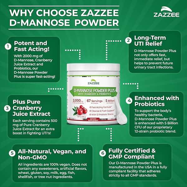 Zazzee D-Mannose Powder Plus, 2000 mg, 67 Servings, Plus 5 Billion CFU Probiotics and Pure Cranberry Juice Extract, Certified Kosher, Free Scoop, 6.67 oz, Urinary Tract Support, Non-GMO, All-Natural - Image 10