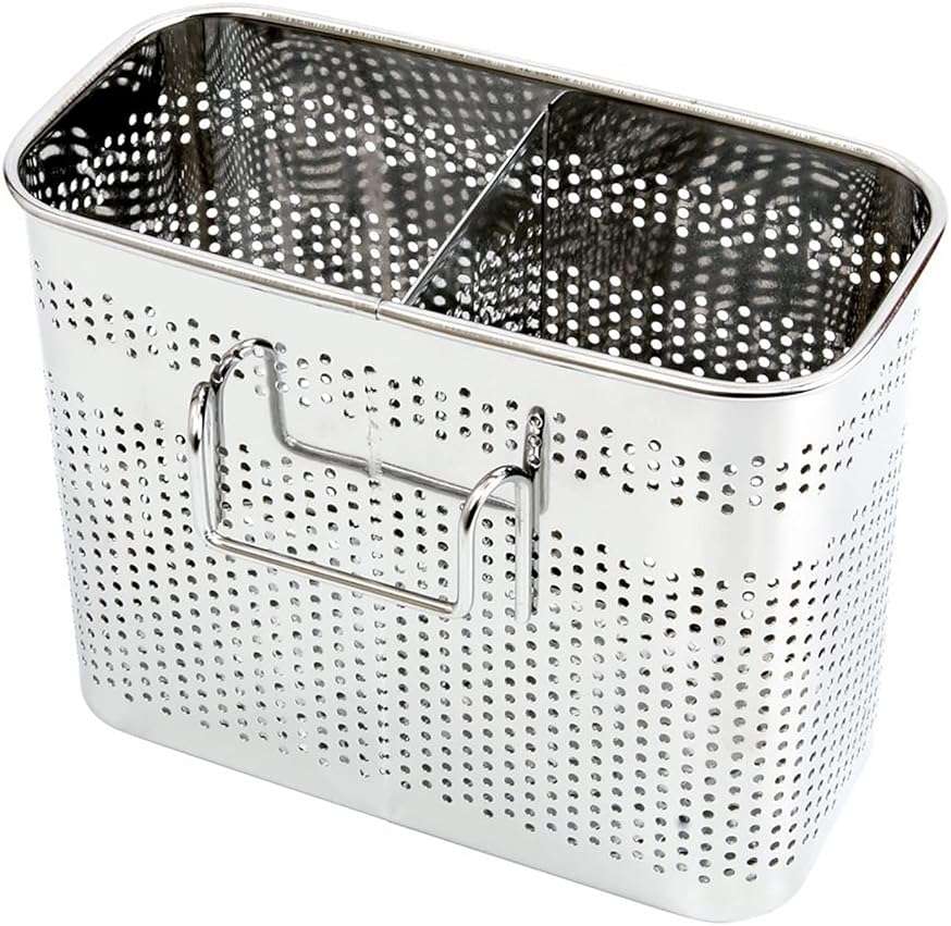 Daeheung Industries Kitchen Utensils Chopsticks Holder Drying Rack Basket with Hooks 2 Divided Compartments Quality Stainless Steel Large L5.4 X H4.3 X W2.6 - Image 1