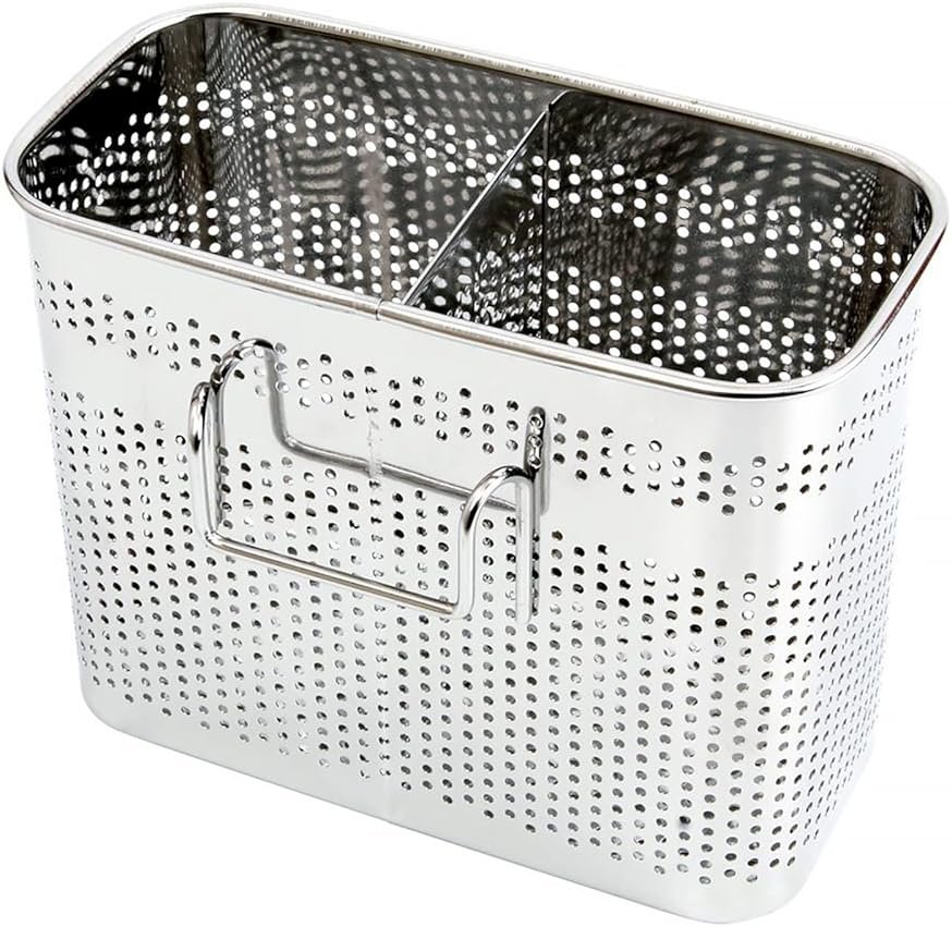 Daeheung Industries Kitchen Utensils Chopsticks Holder Drying Rack Basket with Hooks 2 Divided Compartments Quality Stainless Steel Large L5.4 X H4.3 X W2.6 - Product Image