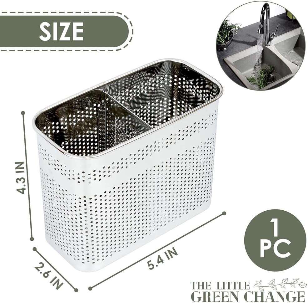 Daeheung Industries Kitchen Utensils Chopsticks Holder Drying Rack Basket with Hooks 2 Divided Compartments Quality Stainless Steel Large L5.4 X H4.3 X W2.6 - Image 3