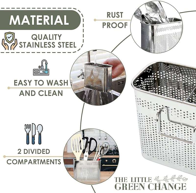 Daeheung Industries Kitchen Utensils Chopsticks Holder Drying Rack Basket with Hooks 2 Divided Compartments Quality Stainless Steel Large L5.4 X H4.3 X W2.6 - Image 4