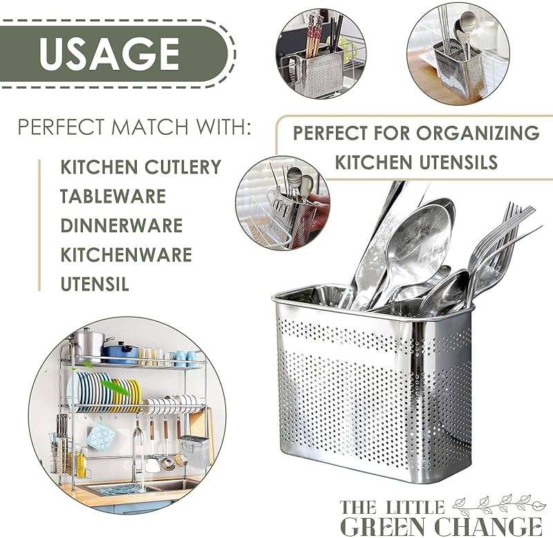 Daeheung Industries Kitchen Utensils Chopsticks Holder Drying Rack Basket with Hooks 2 Divided Compartments Quality Stainless Steel Large L5.4 X H4.3 X W2.6 - Image 5