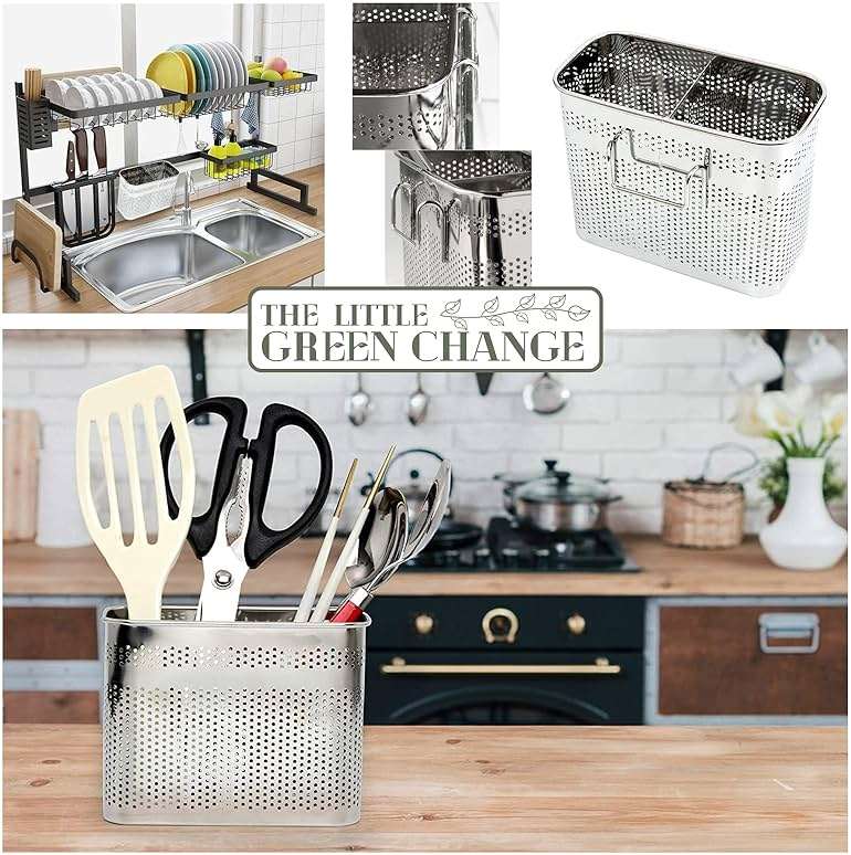 Daeheung Industries Kitchen Utensils Chopsticks Holder Drying Rack Basket with Hooks 2 Divided Compartments Quality Stainless Steel Large L5.4 X H4.3 X W2.6 - Image 6