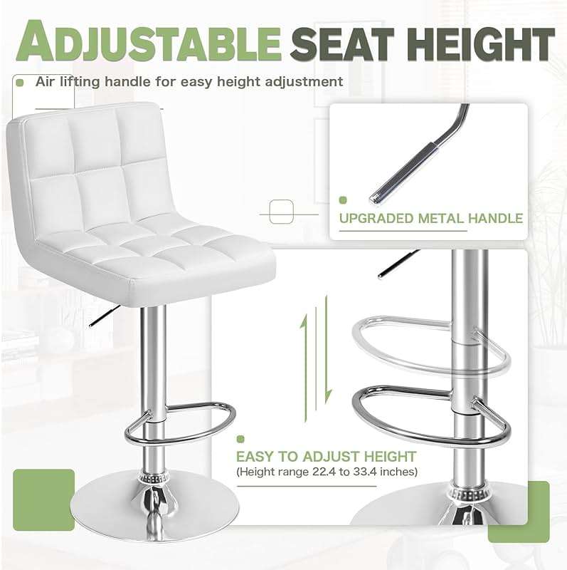 Furmax Bar Stools Modern Pu Leather Swivel Adjustable Hydraulic Bar Stool Square Counter Height Stool Set of 2 (White) - Image 7